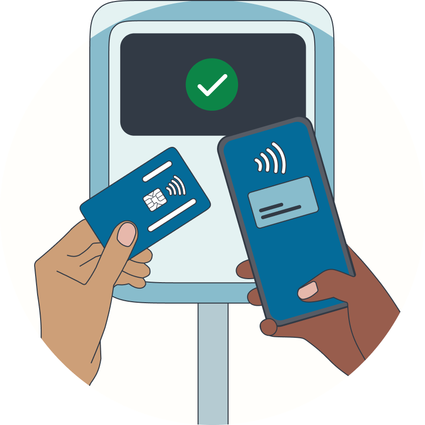 A smart phone and credit card being tapped at a bus fare device